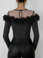 Fashionable Patchwork Mesh Organza Ruffled Denim Top