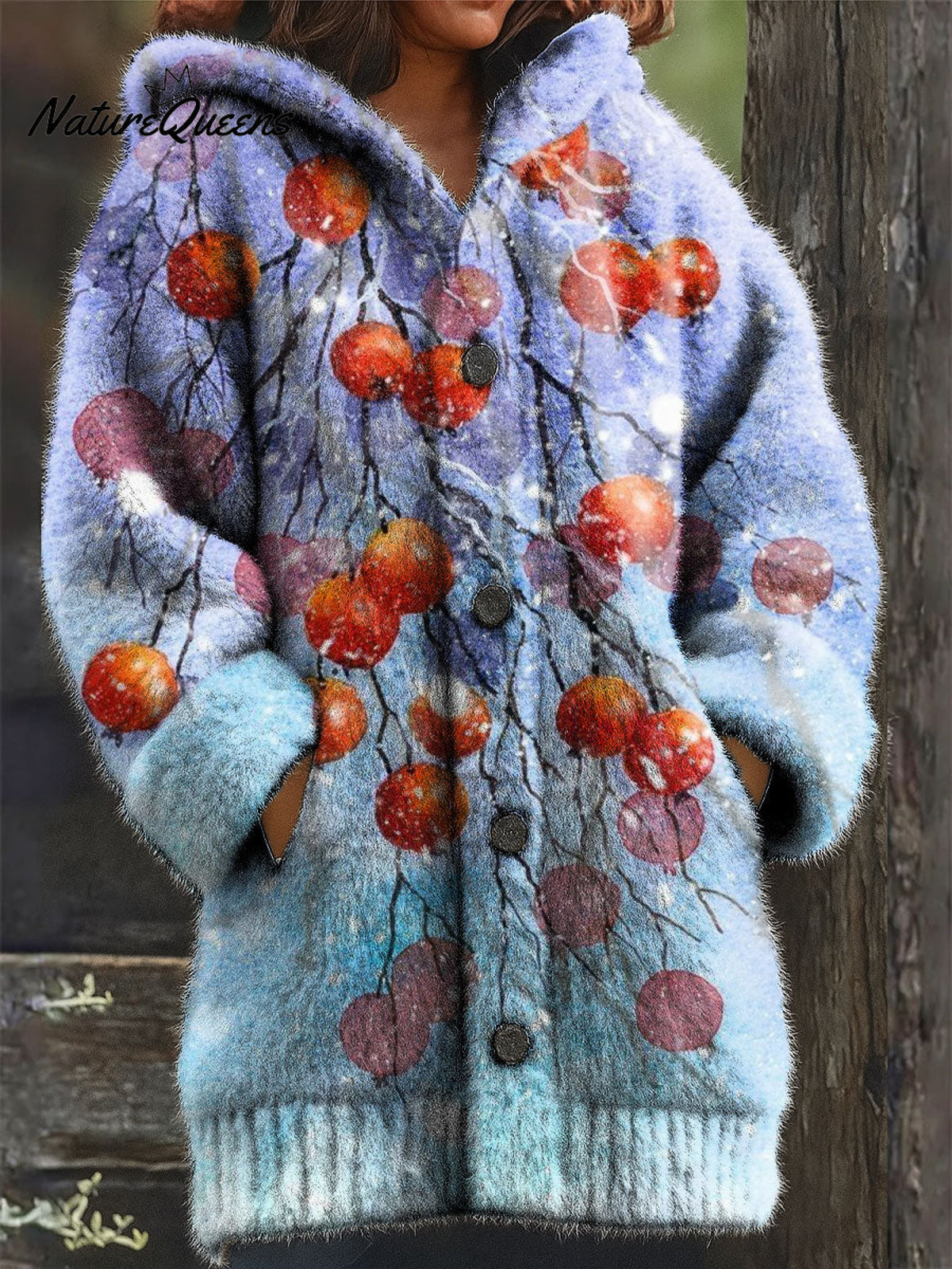 Women's Retro Christmas Fruit Snowflake Pattern Art Print Casual Plush Warm Coat