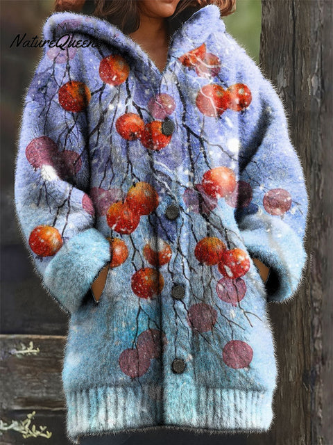 Women's Retro Christmas Fruit Snowflake Pattern Art Print Casual Plush Warm Coat