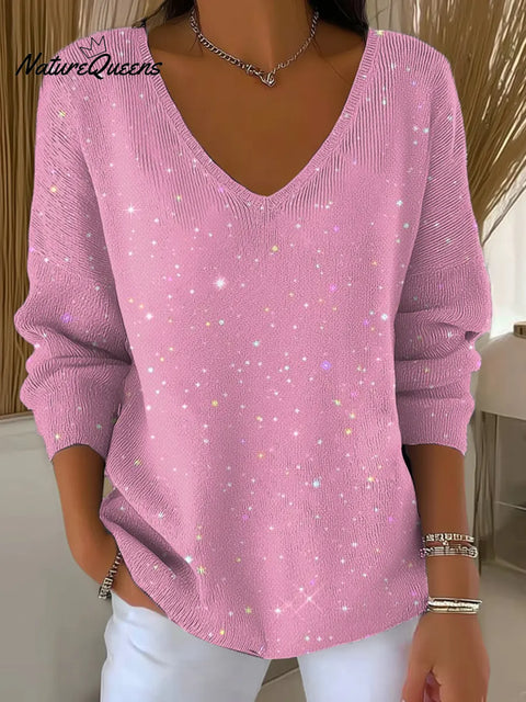 Women's Shiny Pattern Art Print Casual V-Neck Sweater