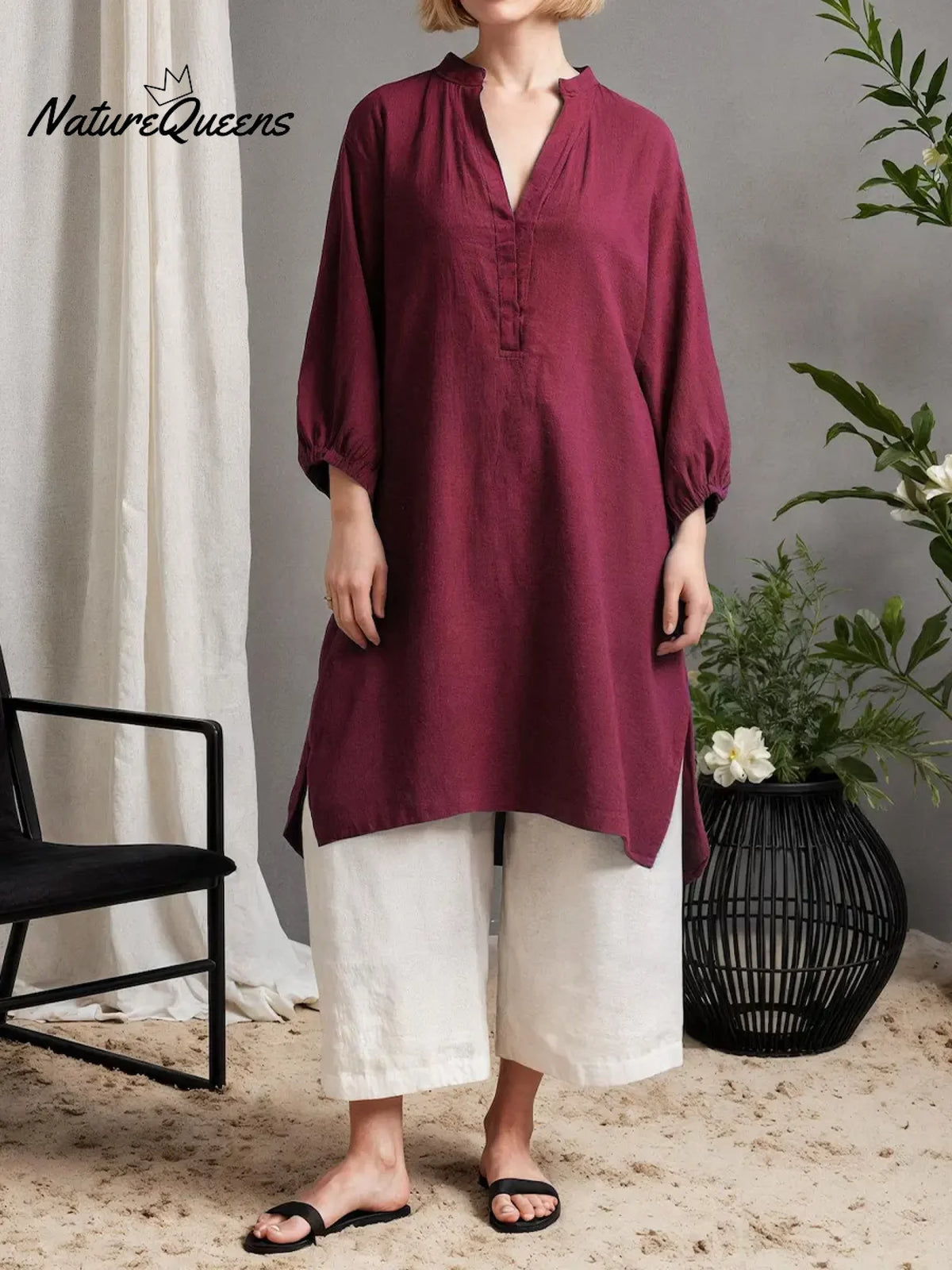 Women's Solid Color V-neck 3/4 Sleeve Casual Loose Fit Cotton Long Shirt