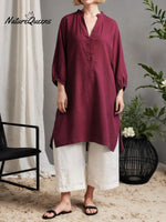 Women's Solid Color V-neck 3/4 Sleeve Casual Loose Fit Cotton Long Shirt