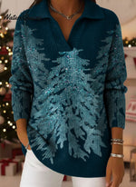 Christmas Trees Gradient Art Pattern Polo Collar Shiny Loose Sweater Top