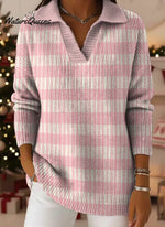 Pink Stripes Print Lapel Casual Knit Sweater