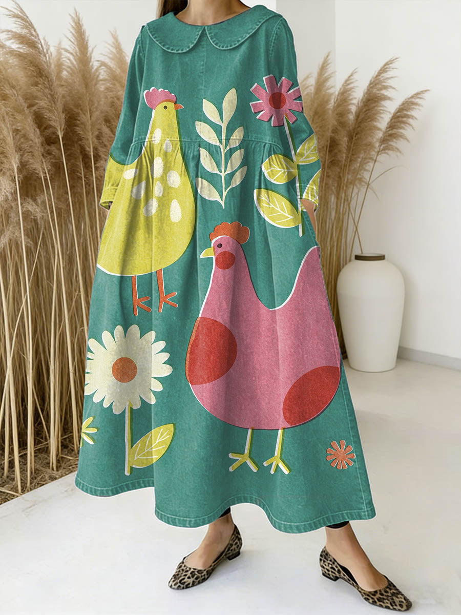 Women's Funny Chicken Floral Art Print Peter Pan Collar Long-sleeved Loose Casual Denim Dress