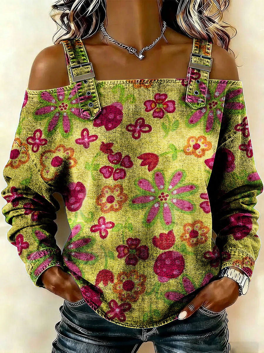 Women‘s Vintage Flowers Pattern Art Print Casual Cotton Denim Shirt