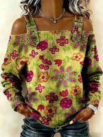 Women‘s Vintage Flowers Pattern Art Print Casual Cotton Denim Shirt