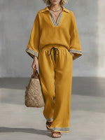 Casual Patchwork Striped Linen And Cotton Shirt And Pants Two-piece Set