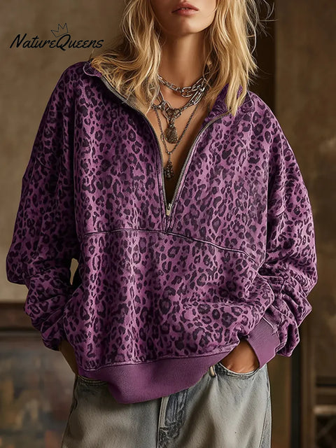 Women's Leopard Print Cardigan Collar Long Sleeve Casual Loose Sweatshirt
