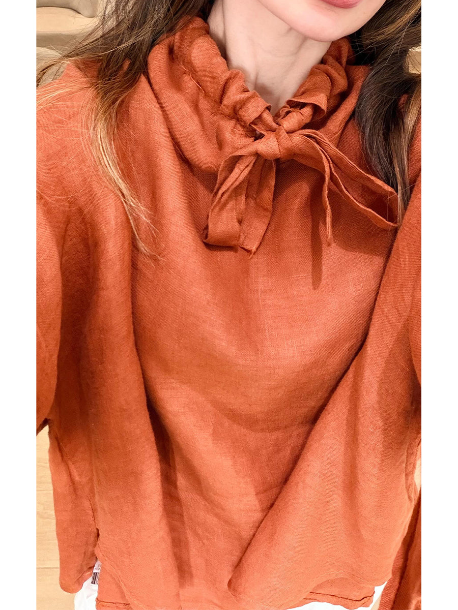 Loose And Cozy Linen-cotton Shirt With Neck Ties