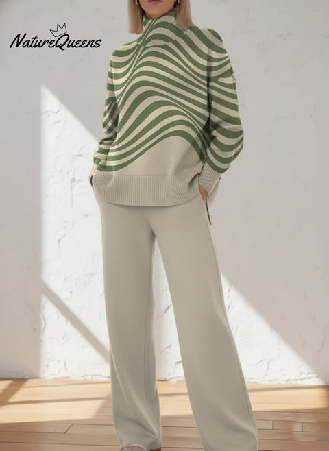 Women's Abstract Pattern Art Print Casual Knitted Cotton Top Pants Suit