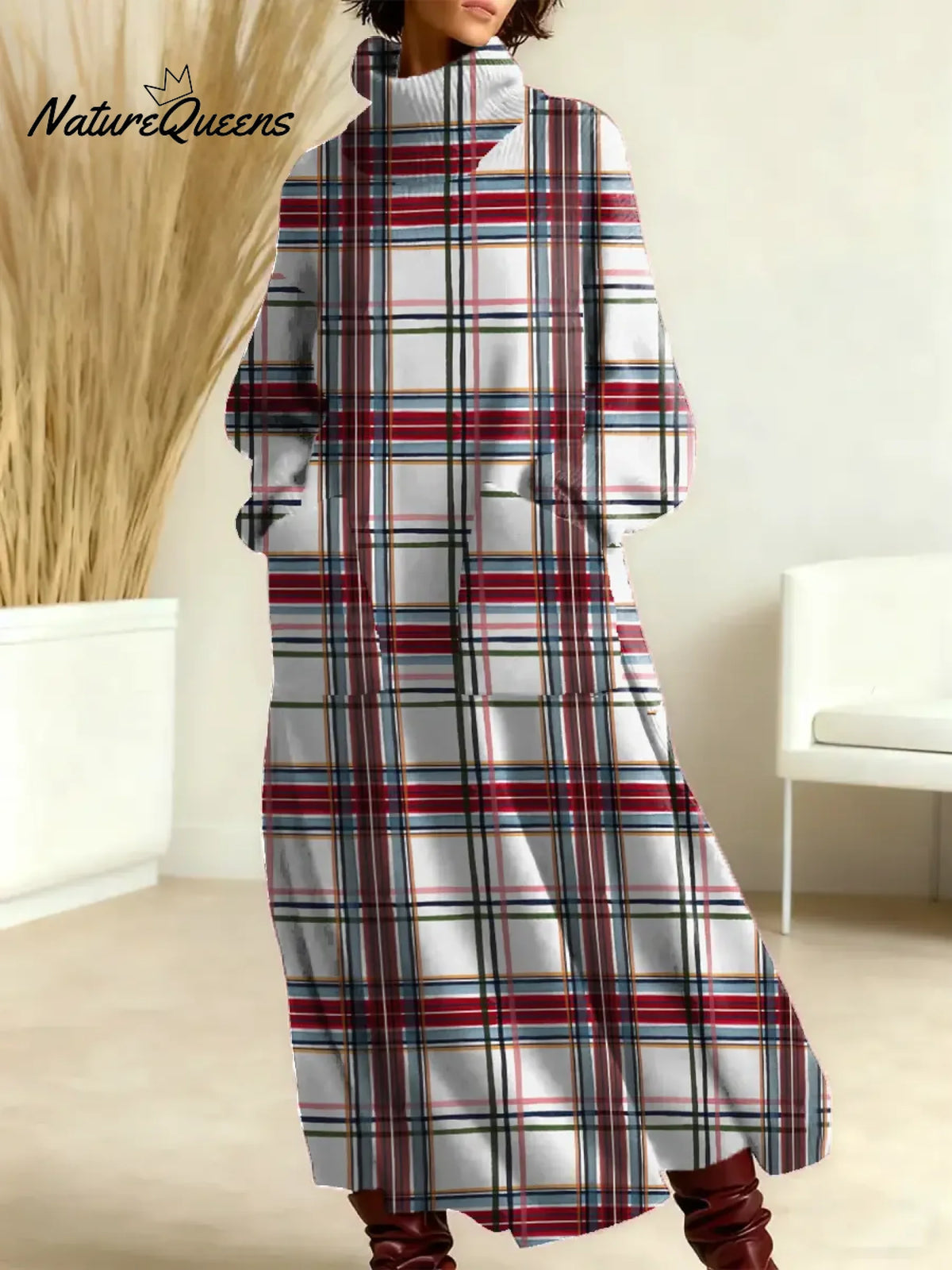 Women's Vintage Plaid Art Print Casual Cotton Knitted Dress