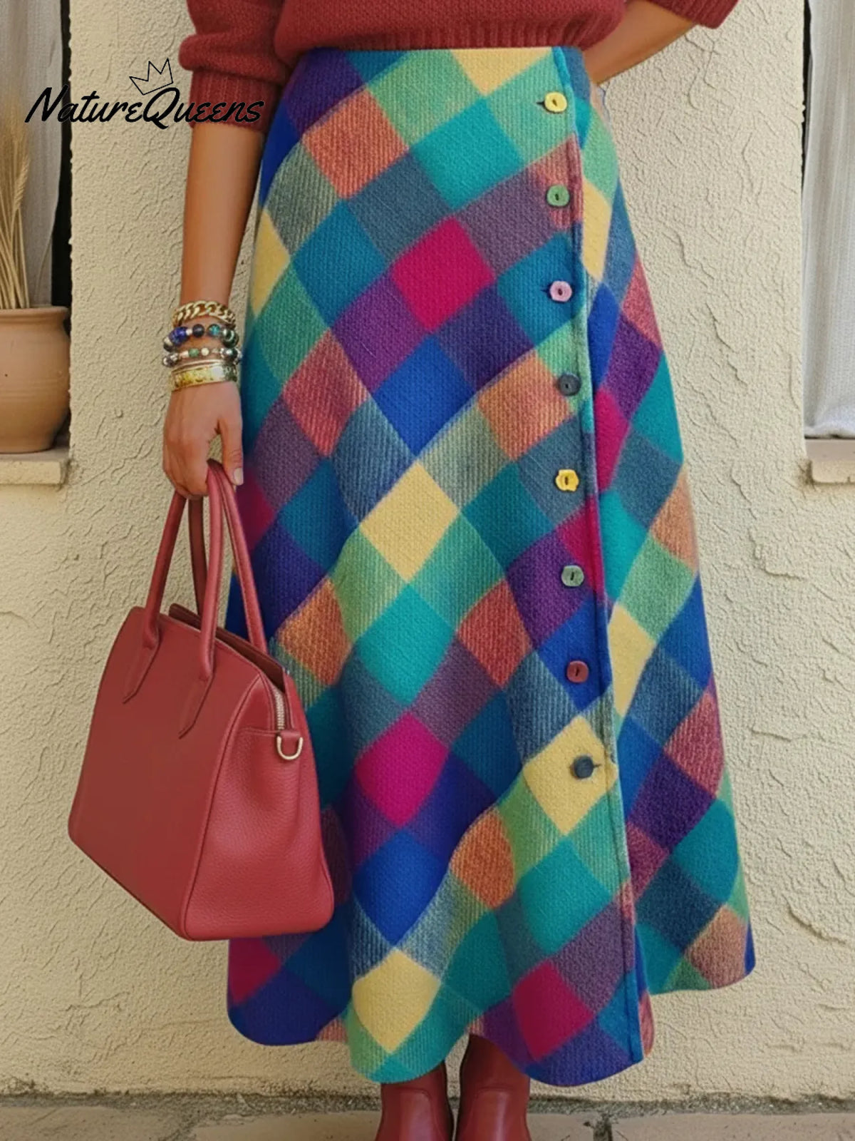 Colorful Palette Print Woolen Button-up Skirt