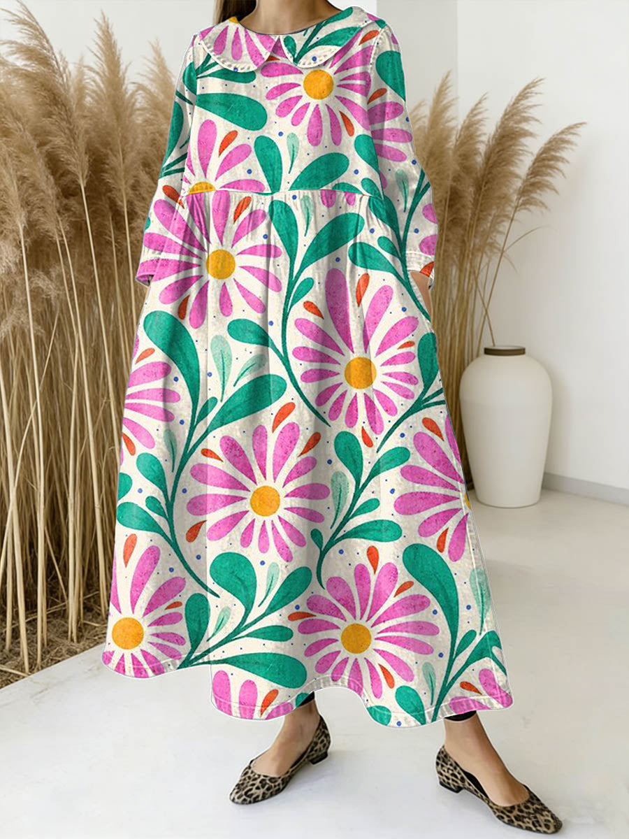 Women's Floral Art Print Peter Pan Collar Long-sleeved Loose Casual Denim Dress