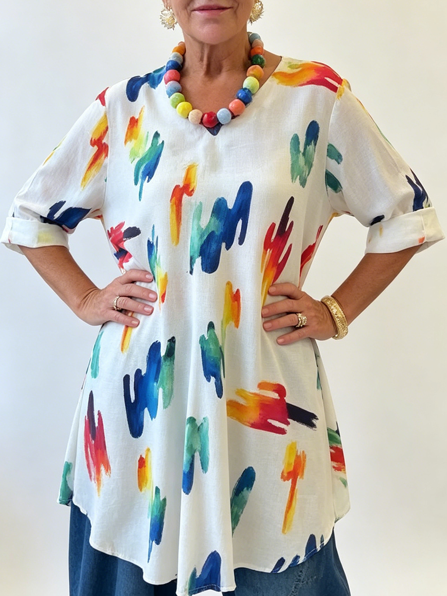 Rainbow Splatter Print V-neck Cotton Top