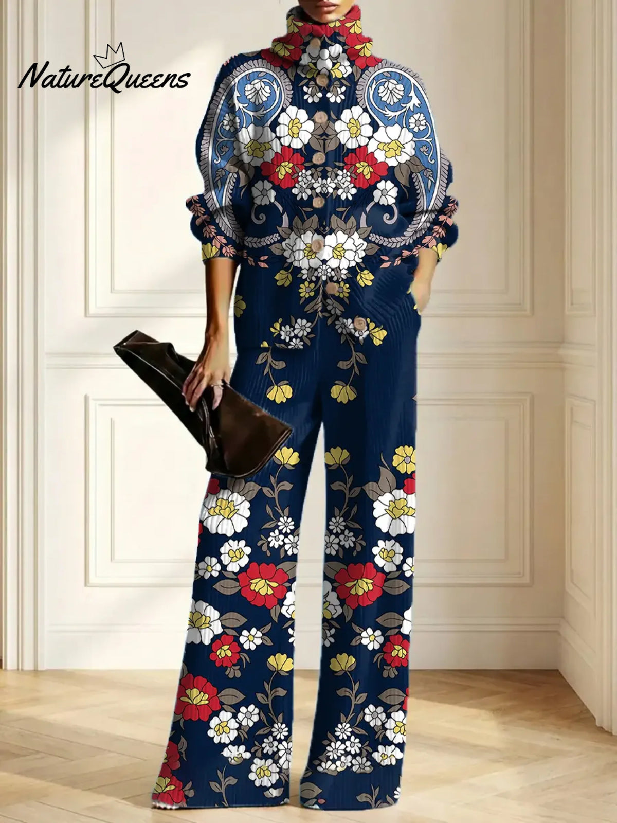Women's Vintage Flower Art Print Casual Cotton Knitted Suits