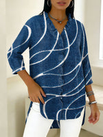 Denim Blue Geometric Line Decorative Pattern Women's Casual V Collar 3/4 Sleeve Shirt