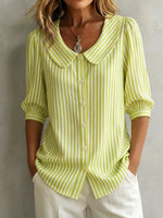 Retro Peter Pan Collar Striped Cotton-linen Shirt
