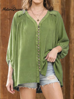 Women's Solid Color V-neck 3/4 Sleeve Casual Loose Cotton Shirt