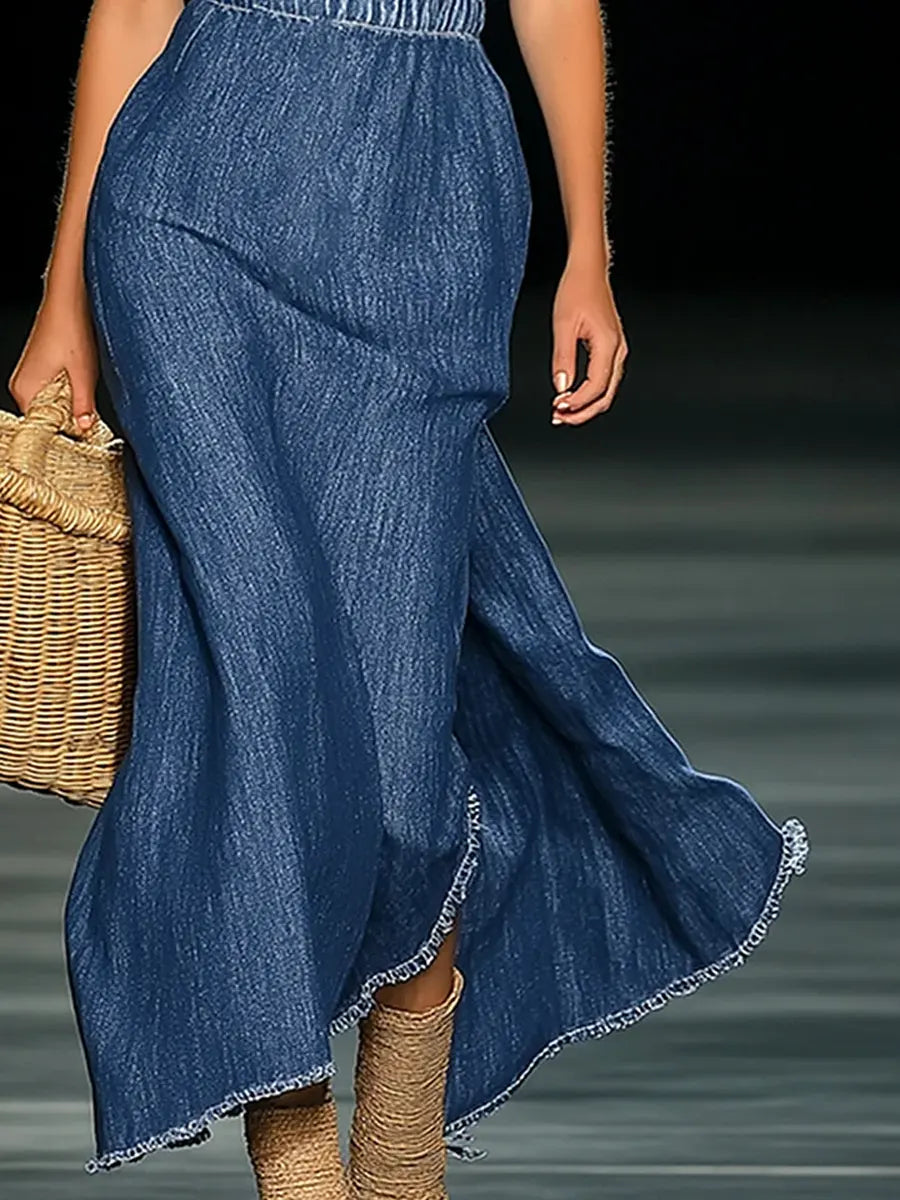 Women's Elegant Strapless Denim Floral Long Dress