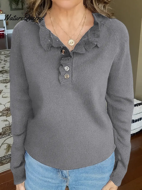 Women's Solid Color V-Neck Long Sleeve Casual Loose Knit Top