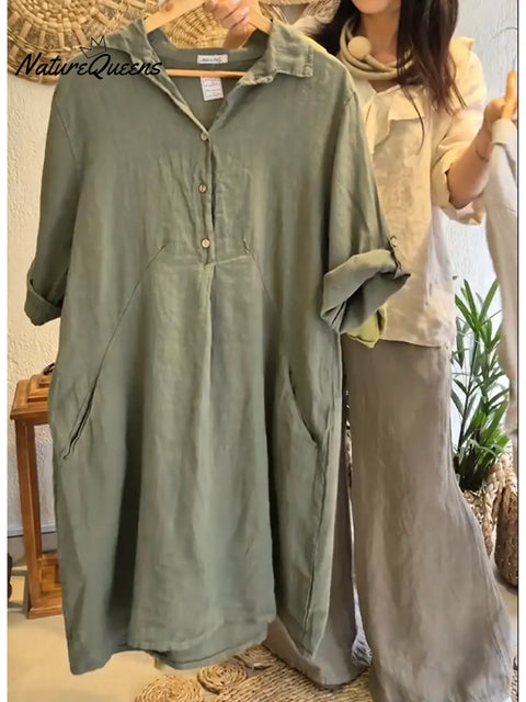 Women's Casual Long-Sleeved Cotton Linen Dress