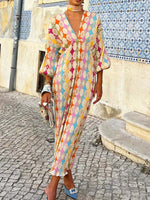 Women's Stylish Print V-neck Casual Lantern Sleeves Elegant Dress