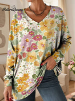 Women's Floral Pattern Art Print V-neck Casual Cotton T-shirt