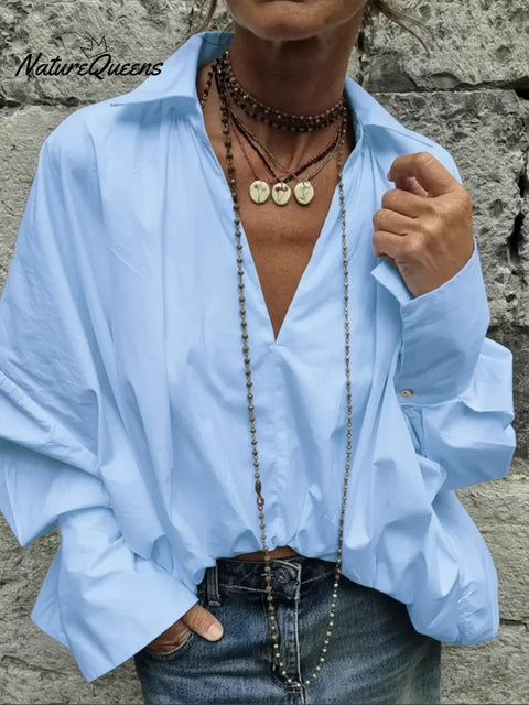 Women's Casual V-neck Long-sleeved Cotton Shirt