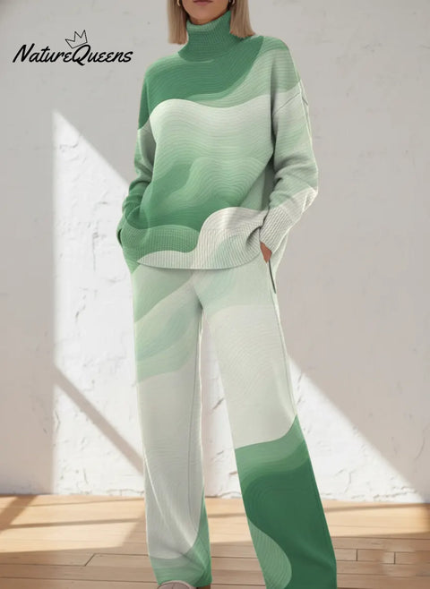 Retro Gradient Light Green Printed Casual High-neck Top And Straight-leg Pants Set