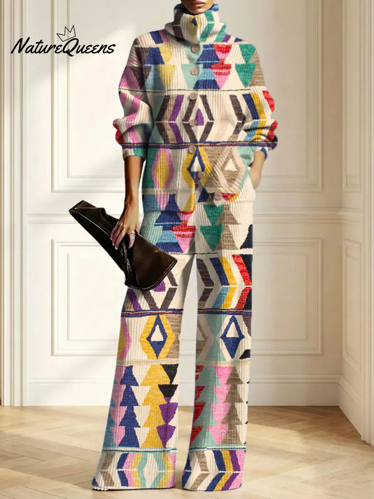 Women's Geometric Art Print Casual Cotton Knitted Suits