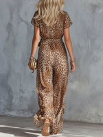 Women's Leopard Print V-neck Short-sleeve Casual Loose Chiffon Jumpsuit