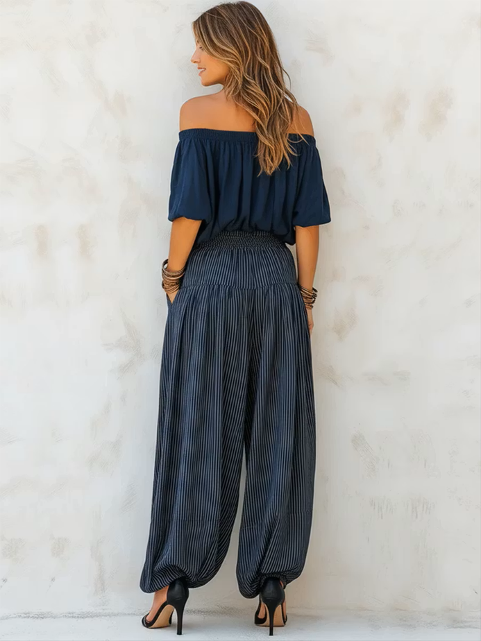 Casual Off-shoulder Linen & Cotton Top With Striped Lantern Pants Two-piece Set