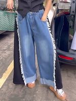 Women's Color-blocked High-waisted Casual Denim Wide-leg Pants