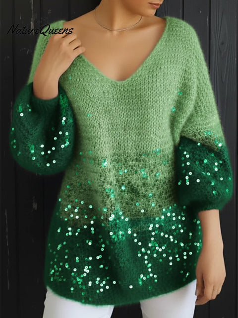 Winter Dreamy Off-shoulder Loose Sequined Gradient Sweater Top