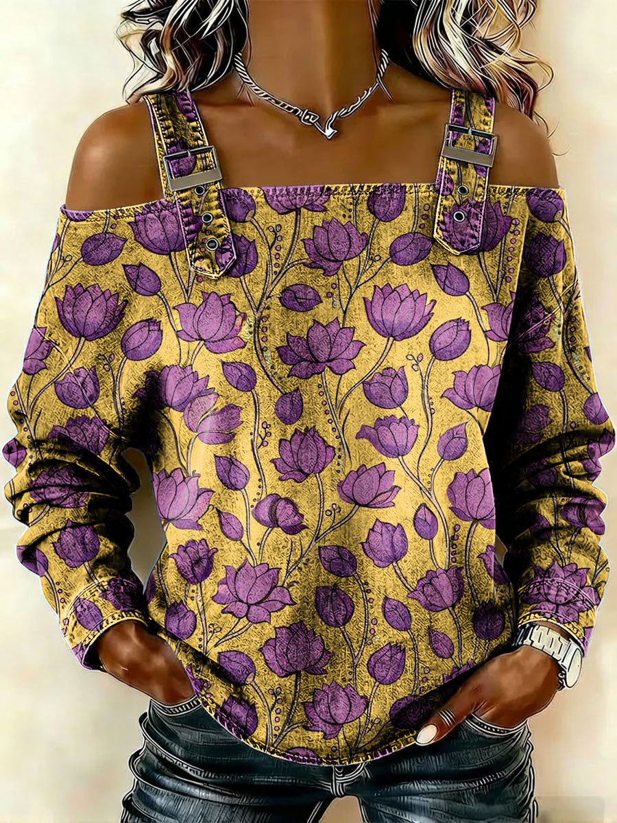 Women‘s Vintage Flowers Pattern Art Print Casual Cotton Denim Shirt