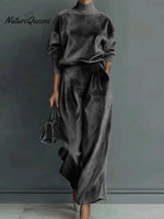 Women's Solid Color Stand Collar Long Sleeve Casual Loose Velvet Top And High Waist Casual Wide Leg Pants Set