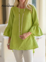 Women's Solid Color Round Neck Three-quarter Sleeve Casual Loose Cotton And Linen Top