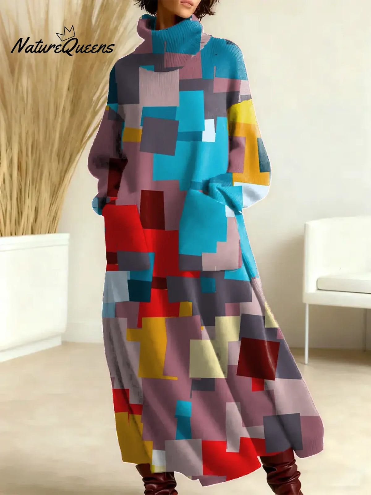 Women's Vintage Abstract Geometric Pattern Art Print Casual Cotton Knitted Dress