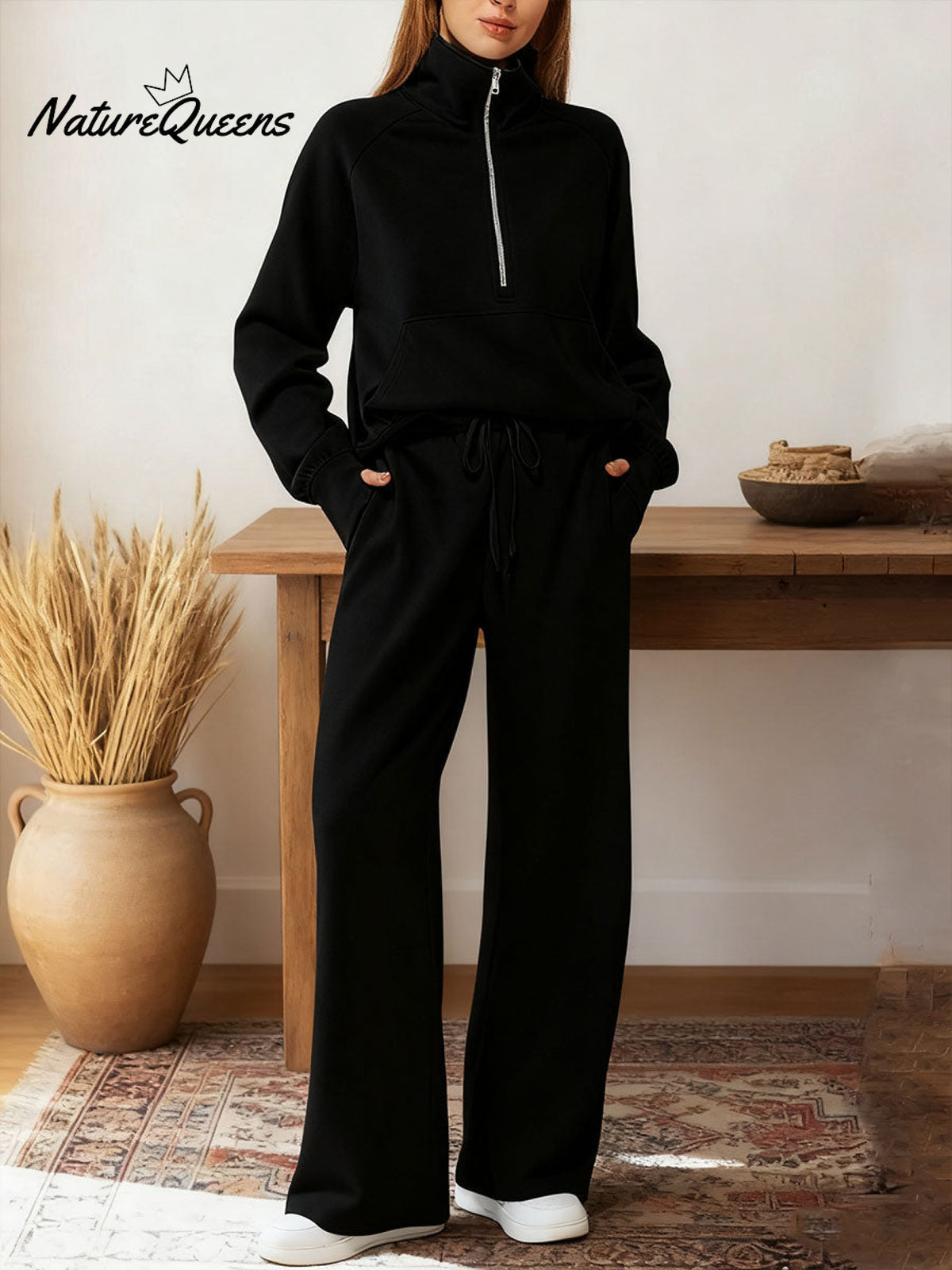 Women's Two-piece Set Half-zip Sweatshirt Wide-leg Pants Casual Suit.