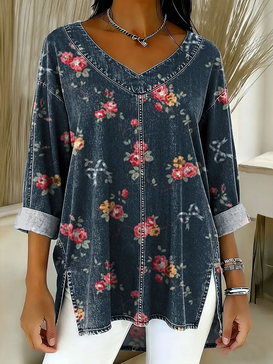 Women's Retro Gradient Flowers Floral Art Patterns Casual Washed Denim Cotton Top