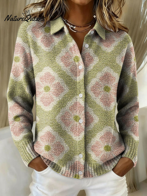 Women's Flowers Retro Splicing Gradient Pattern Print Cowl Neck Sweater
