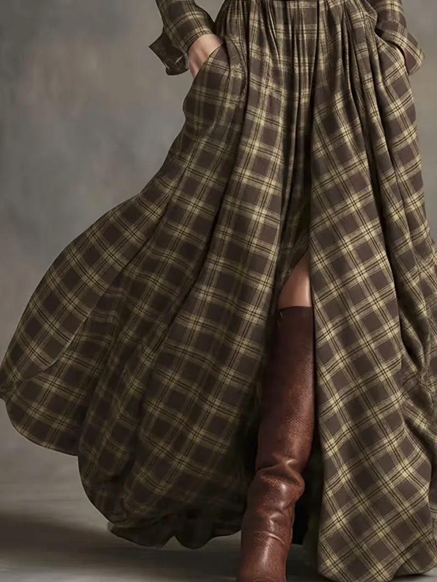 Women's Vintage Plaid Pattern Art Print Casual Cotton Dress