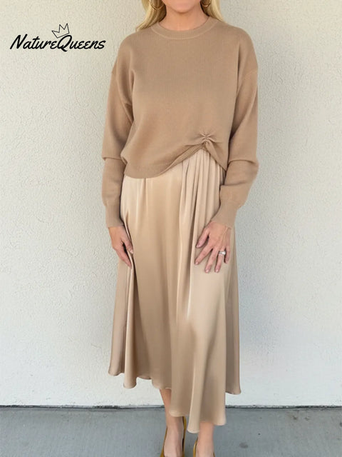 Elegant Party Solid Color Sweater Dress Two-Piece Set