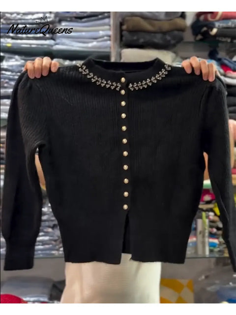 Women's Comfortable and Luxurious Rhinestone-Embellished Cardigan Sweater