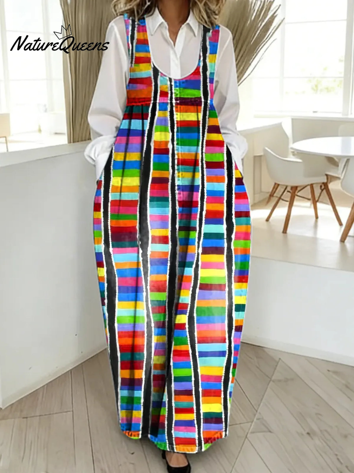 Women's Rainbow Geometry Pattern Art Print Casual Cotton Denim Dress