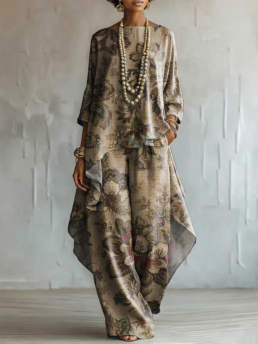 Loose-fit Vintage Floral Cotton-linen Top + Wide-leg Pants Set