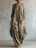 Loose-fit Vintage Floral Cotton-linen Top + Wide-leg Pants Set