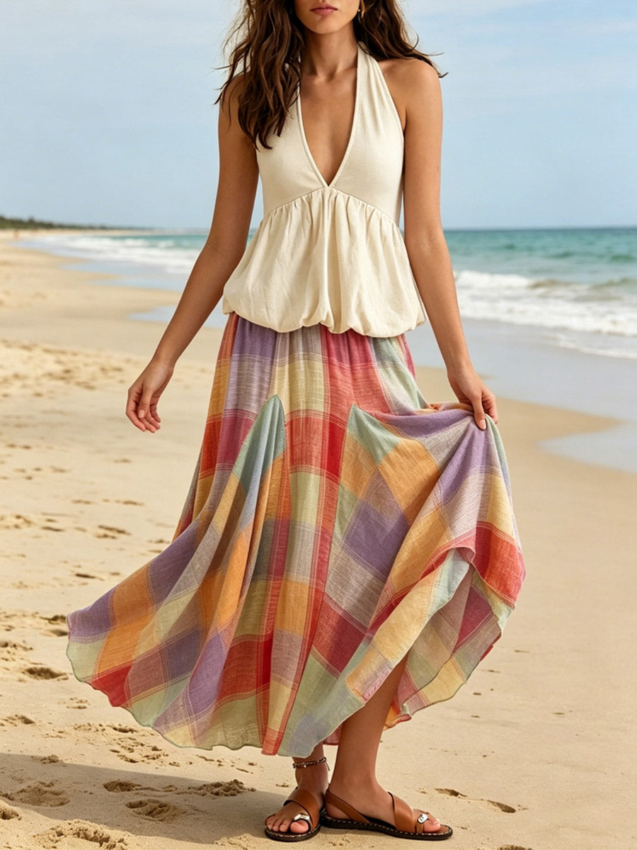 Women's Sleeveless Art Stylish Casual Top And Plaid Skirt Two-piece Set