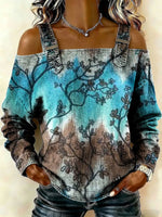 Women‘s Vintage Pattern Art Print Casual Cotton Denim Shirt